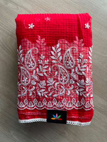 Embroidered work Kota Checks Saree (Without blouse) -33996