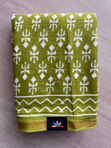 Olive Green Screen Printed Chanderi Cotton Saree - 34482