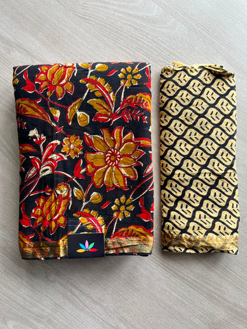 Black & Harvest Gold Screen Printed Chanderi Cotton Saree - 34485