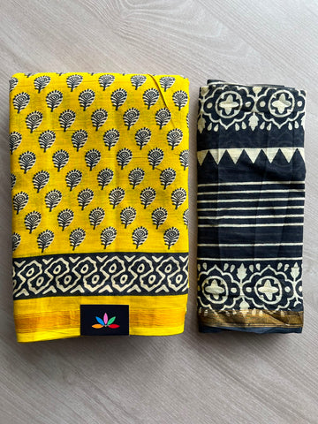 Bright Yellow Screen Printed Chanderi Cotton Saree - 34488
