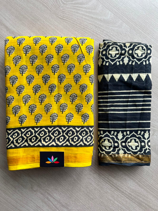 Bright Yellow Screen Printed Chanderi Cotton Saree - 34488