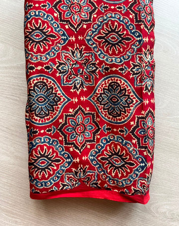 Natural Dyed Ajrakh Handblock Printed Modal Silk Fabric - 34500