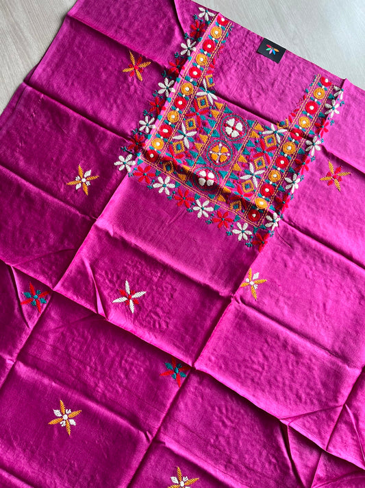 Barbie Pink Hand Embroidered Tussar Silk Kurti Fabric -34803