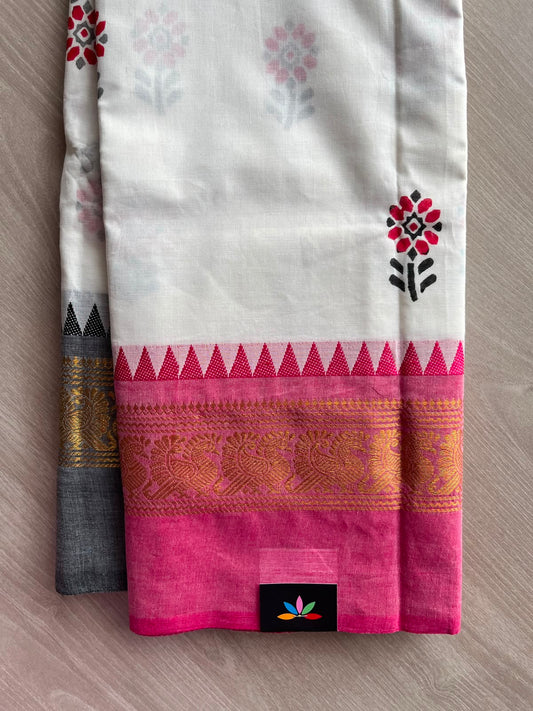 Halo White Handblock Printed Chettinad Cotton Saree - 34811