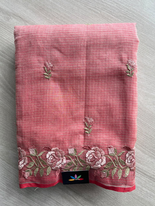 Dusty Pink Floral Embroidered Pure Kota Cotton Saree - 34887