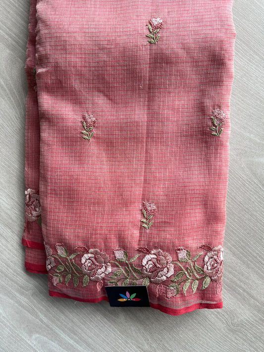 Dusty Pink Floral Embroidered Pure Kota Cotton Saree - 34887