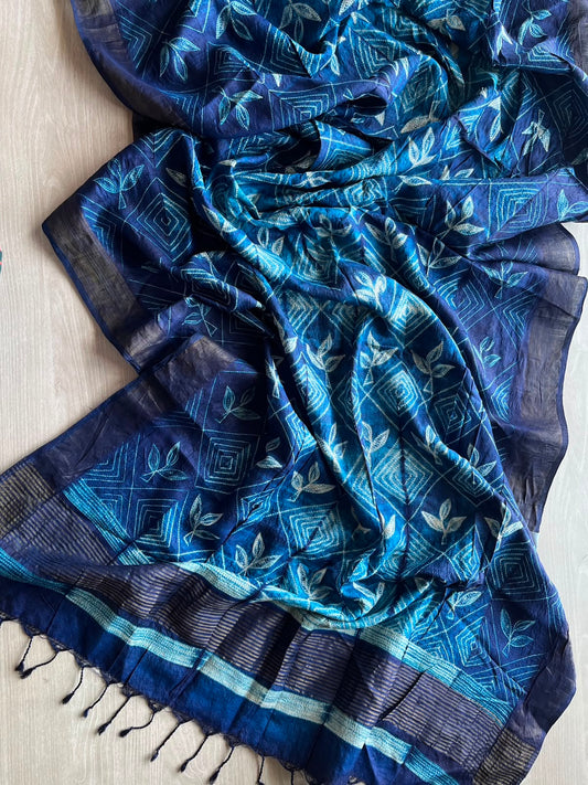 Midnight Navy Blue DUPPATA: Hand Stitched Shibori Tussar Silk Duppata - 35052