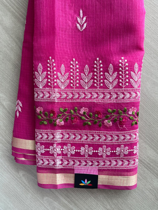 Magenta Pink Machine Embroidered Blended Kota Saree - 35666