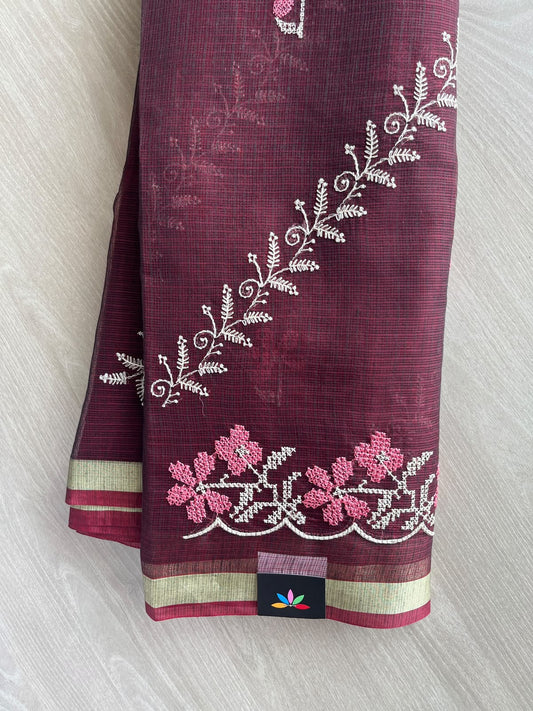 Maroon Machine Embroidered Blended Kota Saree - 35670