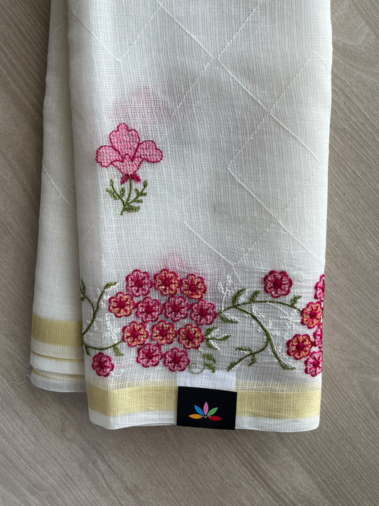 Off-White Machine Embroidered Blended Kota Saree - 35675