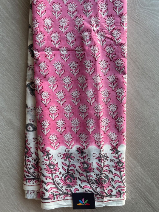 Sky Pink Hand Block Printed Mul Cotton Saree - 35994