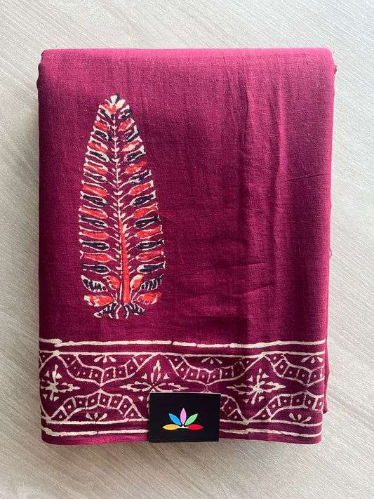 Berry Shade Hand Block Printed Mul Cotton Saree - 35995