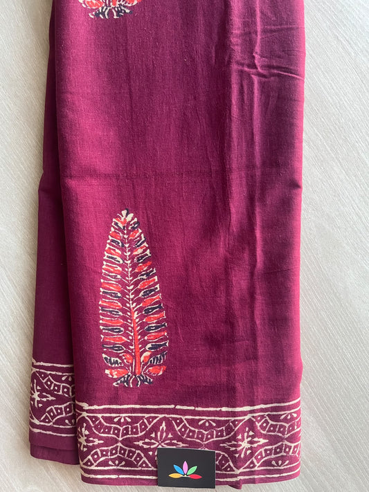 Berry Shade Hand Block Printed Mul Cotton Saree - 35995