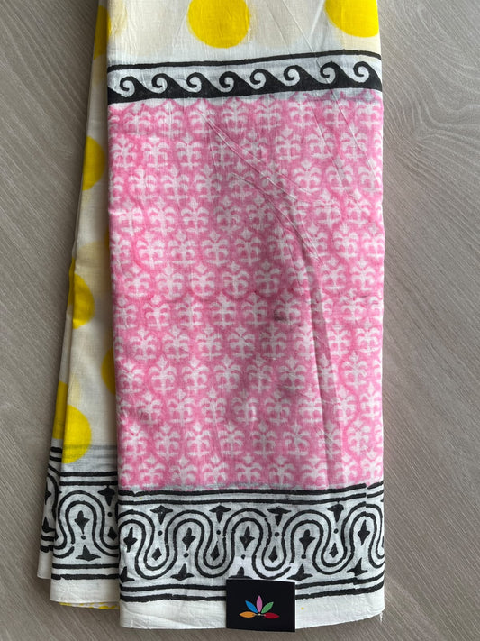 Hand Block Printed Mul Cotton Saree - 36014-36016