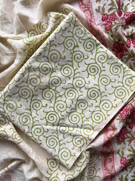 Off-White Hand Block Printed Mul Cotton Unstitched Suit Set with Mul Duppata - 36091