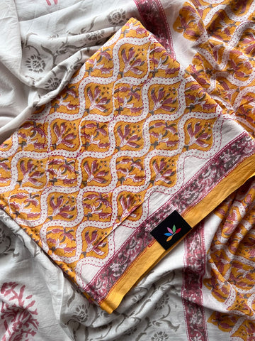 Hand Block Printed Mul Cotton Unstitched Suit Set with Mul Duppata - 36094