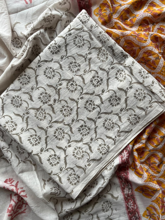 Warm Orange & Off-White Hand Block Printed Mul Cotton Unstitched Suit Set with Mul Duppata - 36094