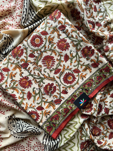Hand Block Printed Mul Cotton Unstitched Suit Set with Mul Duppata - 36095