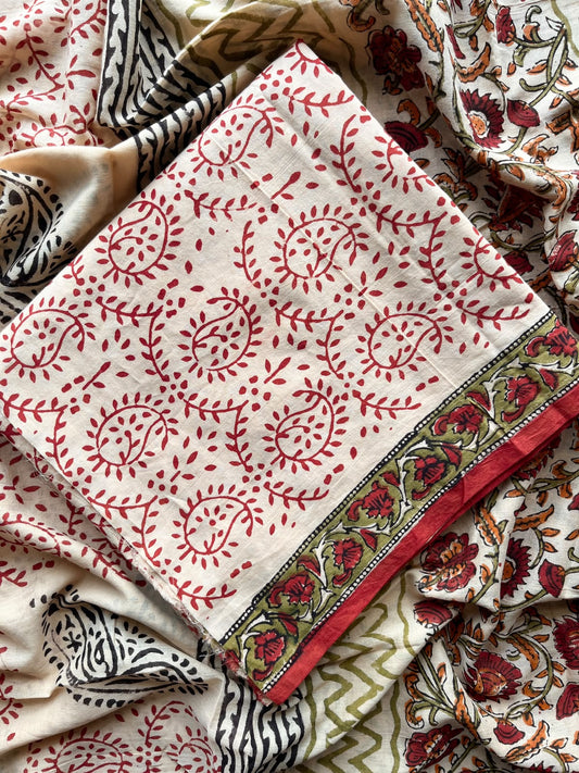Light Cream Hand Block Printed Mul Cotton Unstitched Suit Set with Mul Duppata - 36095