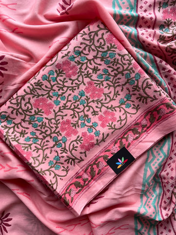 Hand Block Printed Mul Cotton Unstitched Suit Set with Mul Duppata - 36096