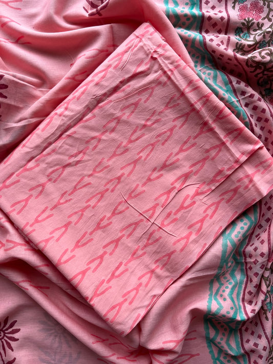 Soft Pink Hand Block Printed Mul Cotton Unstitched Suit Set with Mul Duppata - 36096