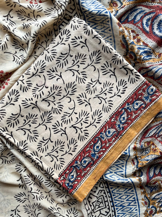 Cream Shade Hand Block Printed Mul Cotton Unstitched Suit Set with Mul Duppata - 36097