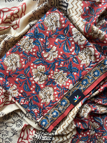 Hand Block Printed Mul Cotton Unstitched Suit Set with Mul Duppata - 36098