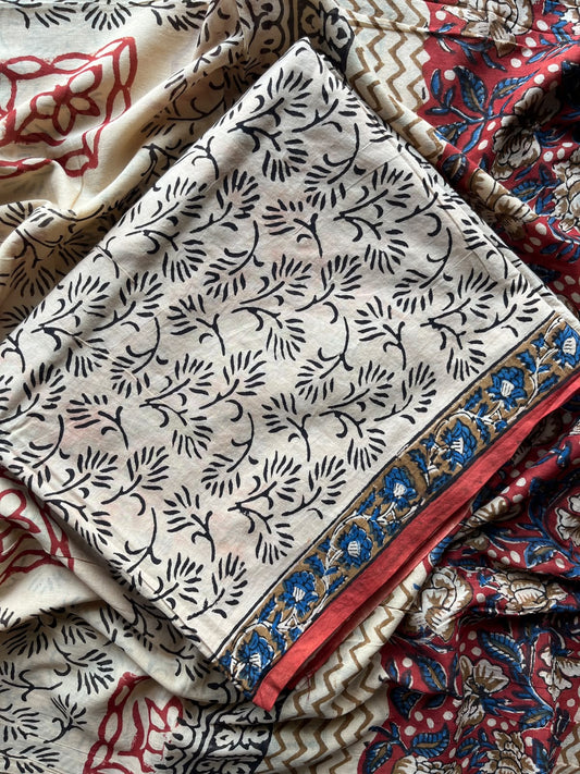 Brick Red & Cream Hand Block Printed Mul Cotton Unstitched Suit Set with Mul Duppata - 36098