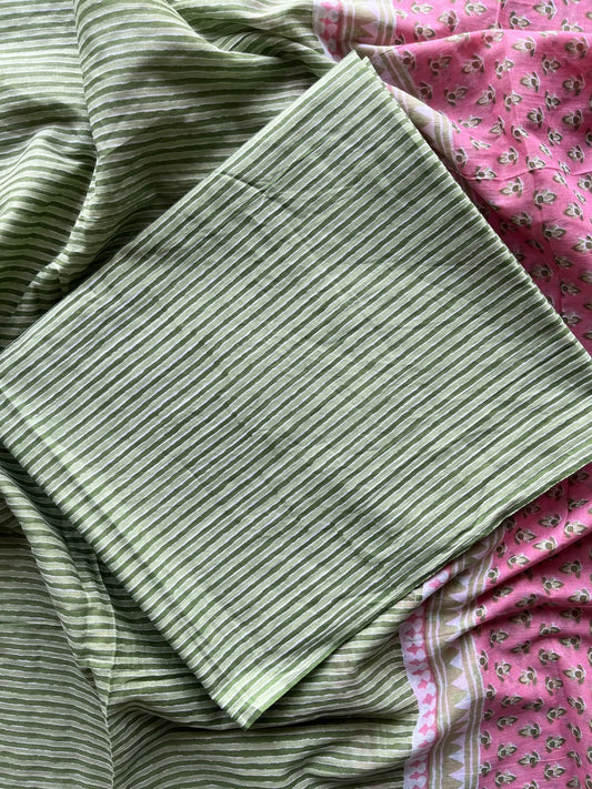 Taffy Pink & Sage Green Hand Block Printed Mul Cotton Unstitched Suit Set with Mul Duppata - 36099