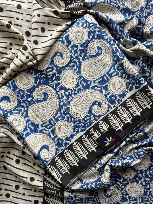 Steel Blue & Off-White Hand Block Printed Mul Cotton Unstitched Suit Set with Mul Duppata - 36100