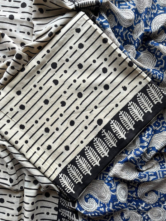 Steel Blue & Off-White Hand Block Printed Mul Cotton Unstitched Suit Set with Mul Duppata - 36100