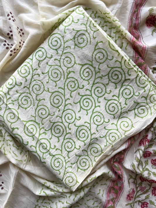 Light Cream Hand Block Printed Mul Cotton Unstitched Suit Set with Mul Duppata - 36101