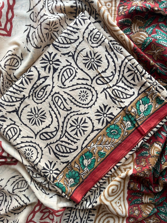 Carmine Red & Off-White Hand Block Printed Mul Cotton Unstitched Suit Set with Mul Duppata - 36102