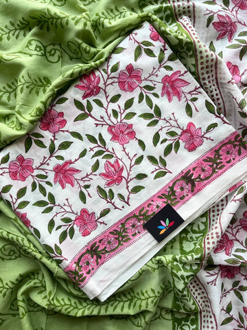 Hand Block Printed Mul Cotton Unstitched Suit Set with Mul Duppata - 36103