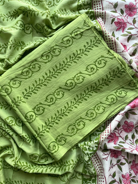 Off-White & Parrot Green Hand Block Printed Mul Cotton Unstitched Suit Set with Mul Duppata - 36103