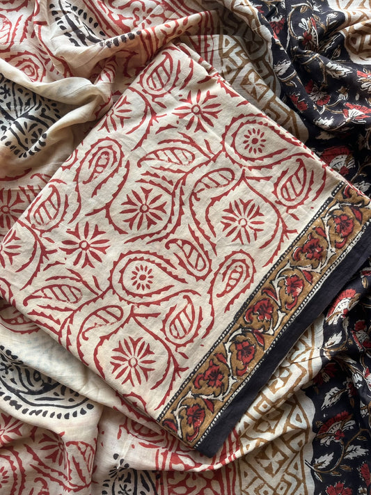 Black & Parchment Beige Hand Block Printed Mul Cotton Unstitched Suit Set with Mul Duppata - 36104