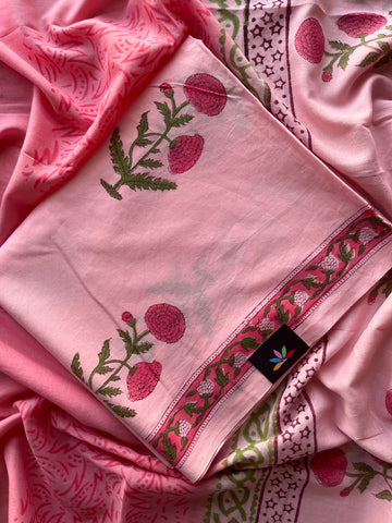 Hand Block Printed Mul Cotton Unstitched Suit Set with Mul Duppata - 36105