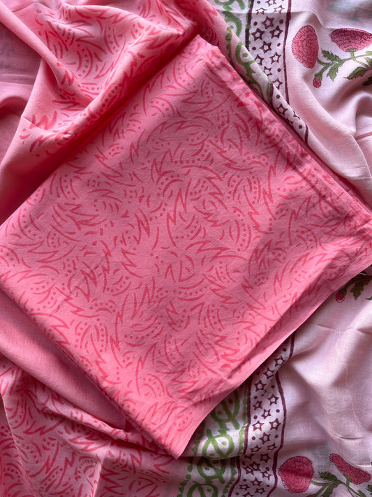 Flamingo Pink Hand Block Printed Mul Cotton Unstitched Suit Set with Mul Duppata - 36105
