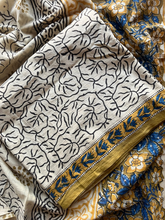 Yellow Ochre & Off-White Hand Block Printed Mul Cotton Unstitched Suit Set with Mul Duppata - 36106