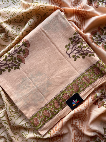 Hand Block Printed Mul Cotton Unstitched Suit Set with Mul Duppata - 36107