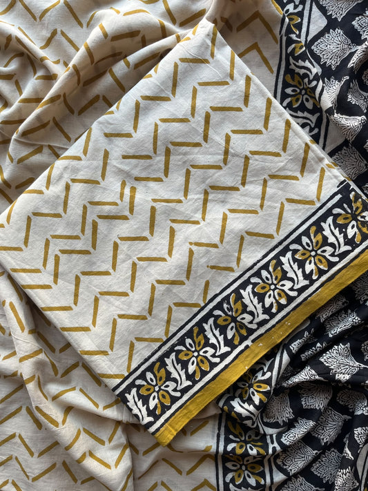 Off-White Hand Block Printed Mul Cotton Unstitched Suit Set with Mul Duppata - 36108