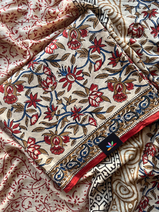 Parchment Beige Hand Block Printed Mul Cotton Unstitched Suit Set with Mul Duppata - 36109