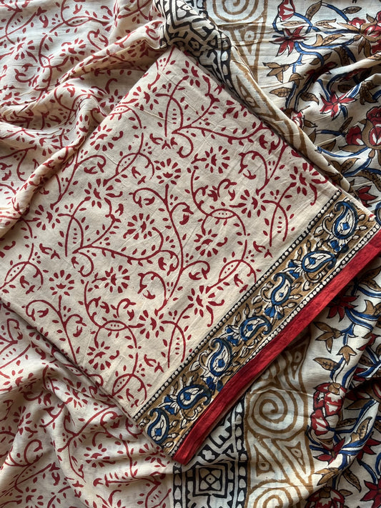 Parchment Beige Hand Block Printed Mul Cotton Unstitched Suit Set with Mul Duppata - 36109