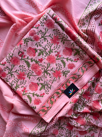 Hand Block Printed Mul Cotton Unstitched Suit Set with Mul Duppata - 36110