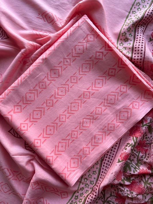 Taffy Pink Hand Block Printed Mul Cotton Unstitched Suit Set with Mul Duppata - 36110