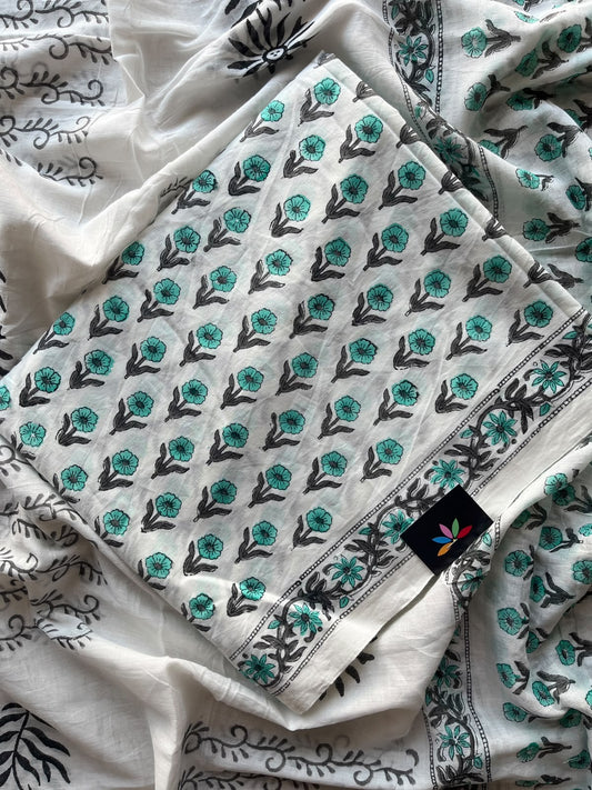 Off-White Hand Block Printed Mul Cotton Unstitched Suit Set with Mul Duppata - 36112