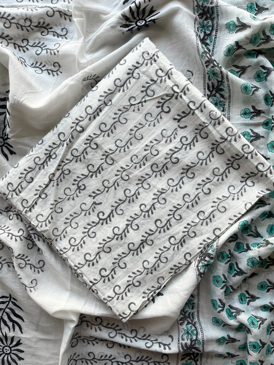 Off-White Hand Block Printed Mul Cotton Unstitched Suit Set with Mul Duppata - 36112