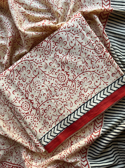 Cream Shade Hand Block Printed Mul Cotton Unstitched Suit Set with Mul Duppata - 36113
