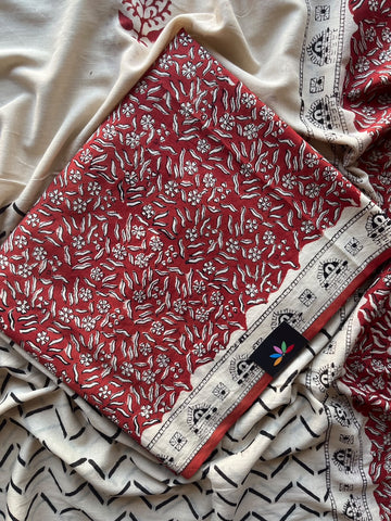 Hand Block Printed Mul Cotton Unstitched Suit Set with Mul Duppata - 36114