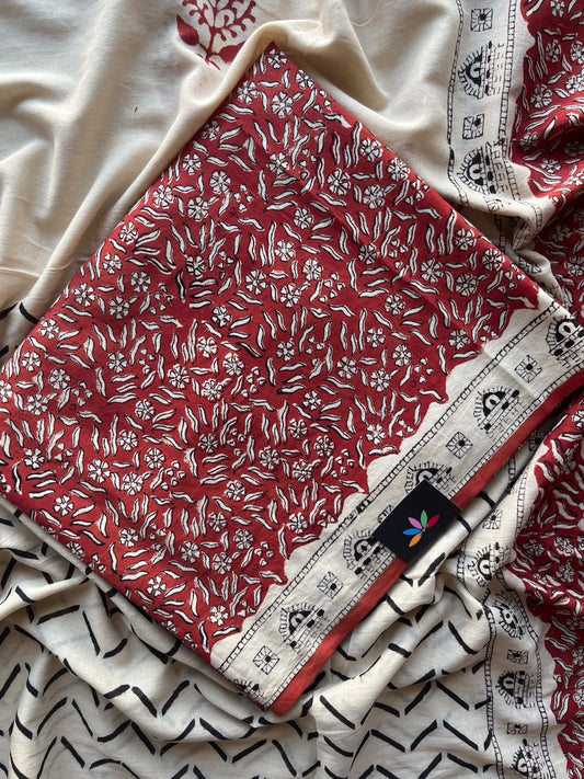 Brick Red & Cream Hand Block Printed Mul Cotton Unstitched Suit Set with Mul Duppata - 36114